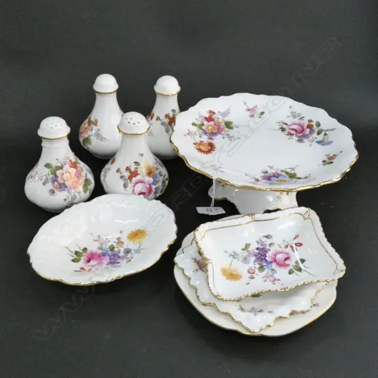 9 PCES ROYAL CROWN DERBY 'DERBY POSIES'; 4 CONDIMENTS, 4 PIN DISHES, COMPORT