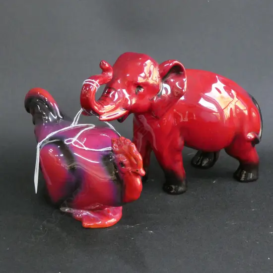 2 R/DOULTON FLAMBE ANIMALS; ROOSTER & NOKE ELEPHANT L. 160MM