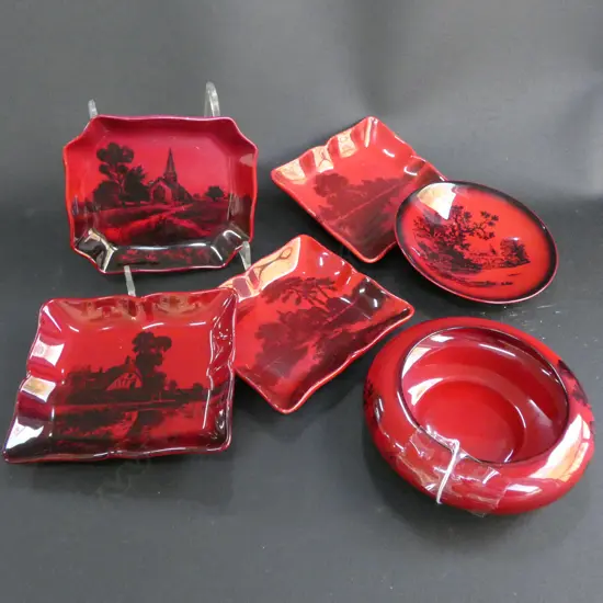 5 R/DOULTON FLAMBE PIN DISHES + SQUAT VASE 115MM DIA