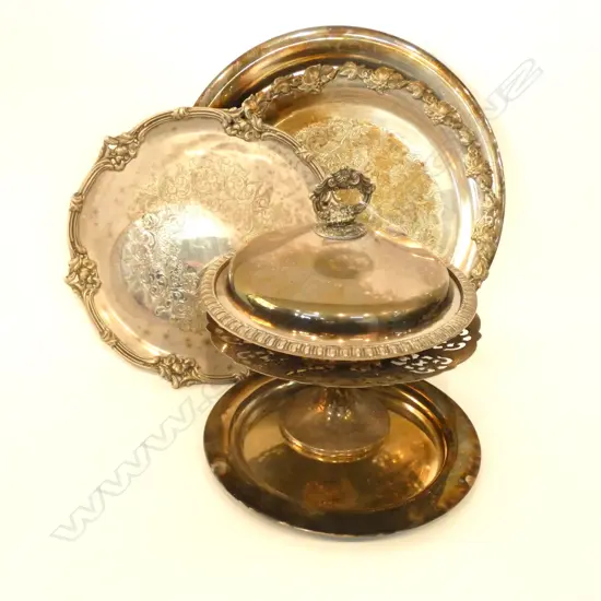 SILVER PLATE SALVERS AND LIDDED DISH