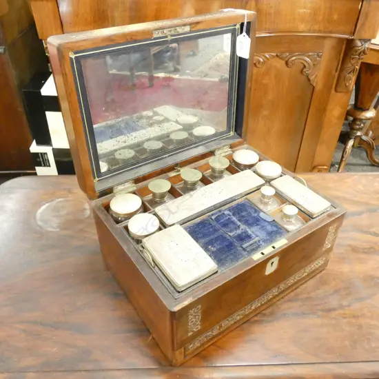19thC ROSEWOOD DRESSING CASE WITH BOTTLES & JARS, ETC