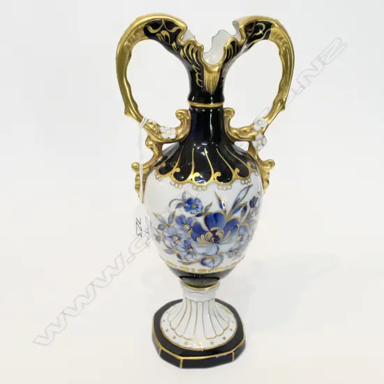 ROYAL DUX FANCY URN FLORAL BLUE GILT. H.285mm
