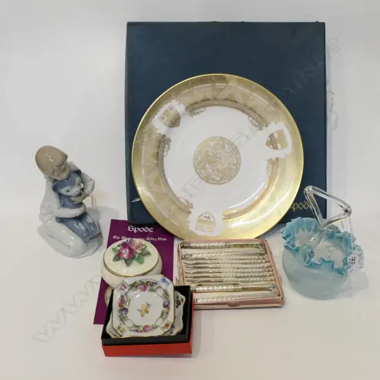 CASED SPODE PLATE, NAO FIGURE, NUT PICKS, 3 PCES CHINA, GLASS BOWL