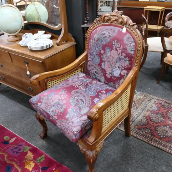 VINTAGE CARVED FRAME ARM CHAIR CANED ARMS...