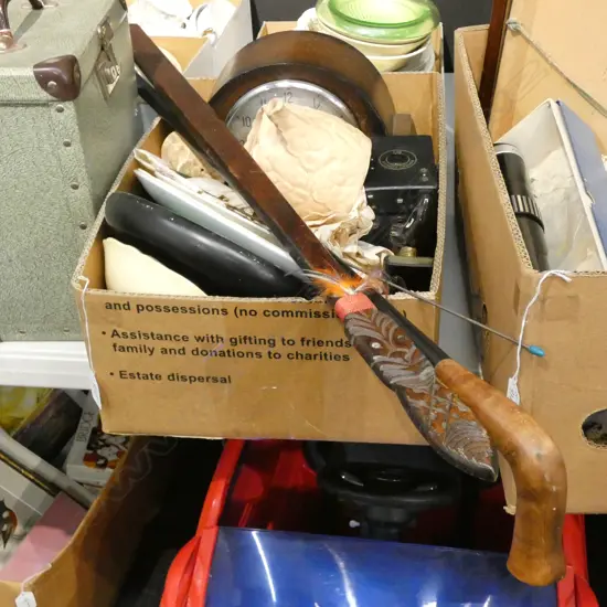 BOX LOT MANTLE CLOCK, CAMERA, MAORI STICK ETC