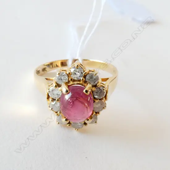 14CT GOLD DIAMOND AND PINK STONE RING