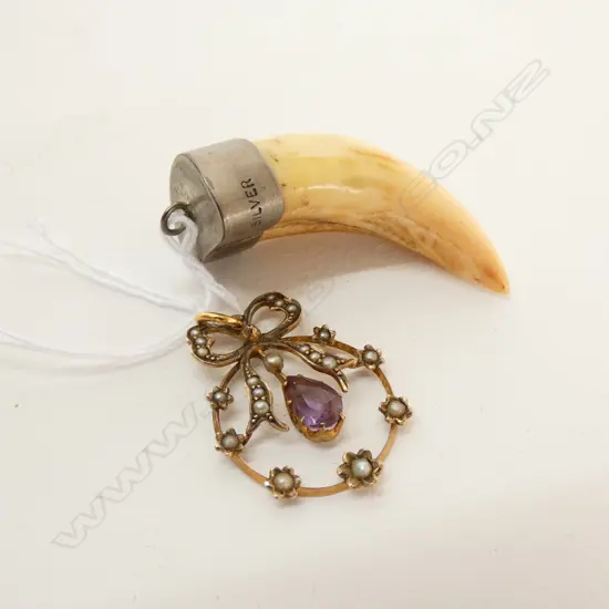 9CT EDWARDIAN AMYTHEST & SEED PEARL PENDANT + SILVER CAPPED BOARS TOOTH