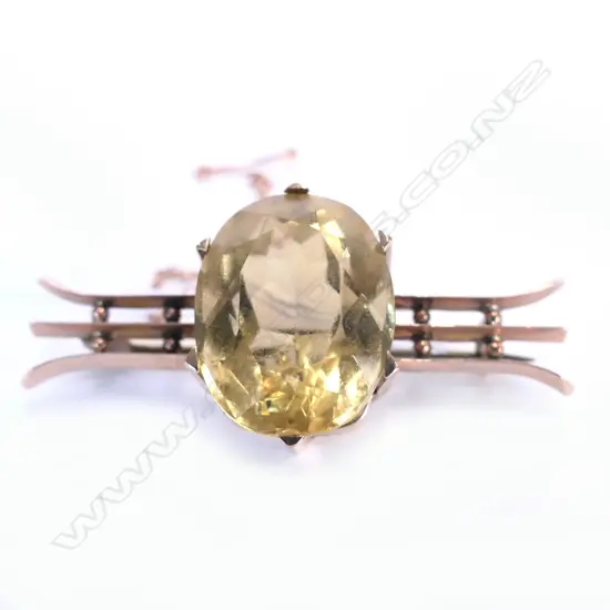 GOLD & CITRINE? 22mm STONE LGE BROOCH 9CT FITTING