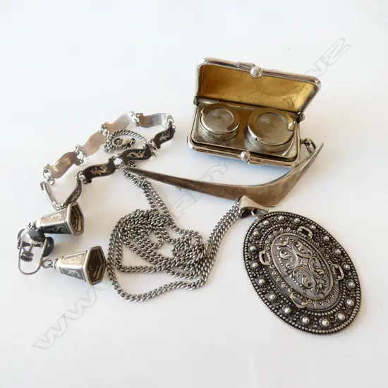 SILVER ITEMS, & OLD SOV. CASE IN LEATHER