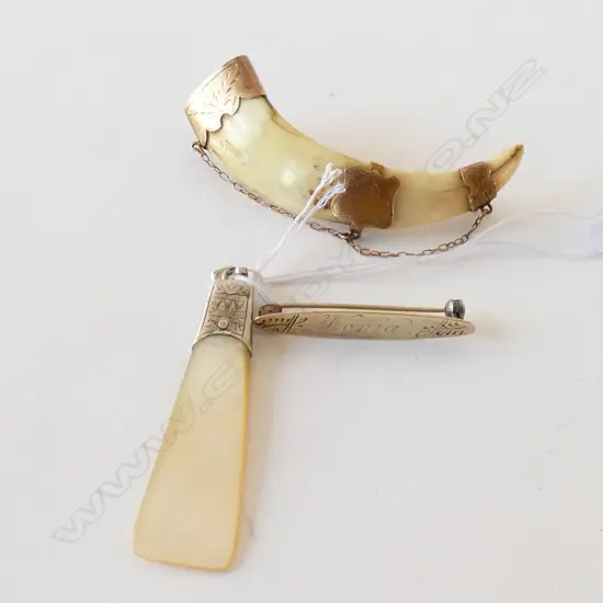 BOAR'S TOOTH & 9CT BROOCH + MOP & SILVER PENDANT