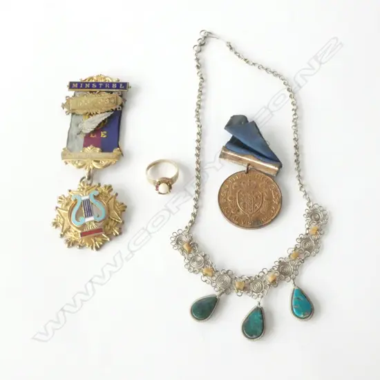 9 CT FAUX PEARL AND RED STONE RING AF 3.7 GRM + SILVER GILT BUFFALO LODGE JEWEL + MEDAL & NECKLACE