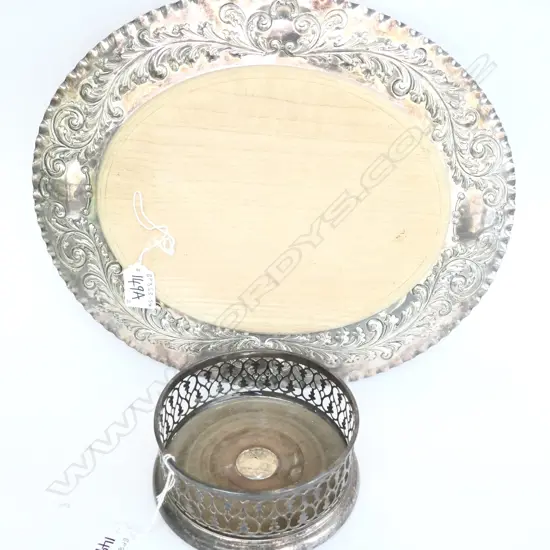 VICTORIAN SILVER PLATE BOTTLE COASTER, CRESTED, TURNED WOODEN BASE + BREAD BOARD