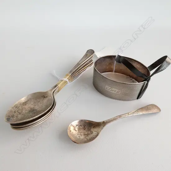 STG SILVER NAPKIN RING + 4 TEASPOONS + ONE