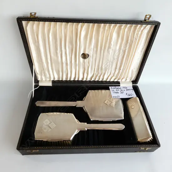 CASED STG SILVER ART DECO DRESSING TABLE SET BIRMINGHAM 1934