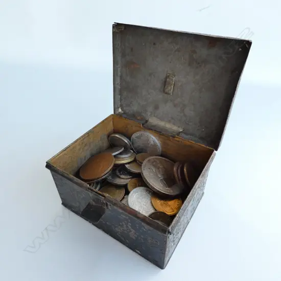 TIN BOX OF ASST. WORLD COINS ETC