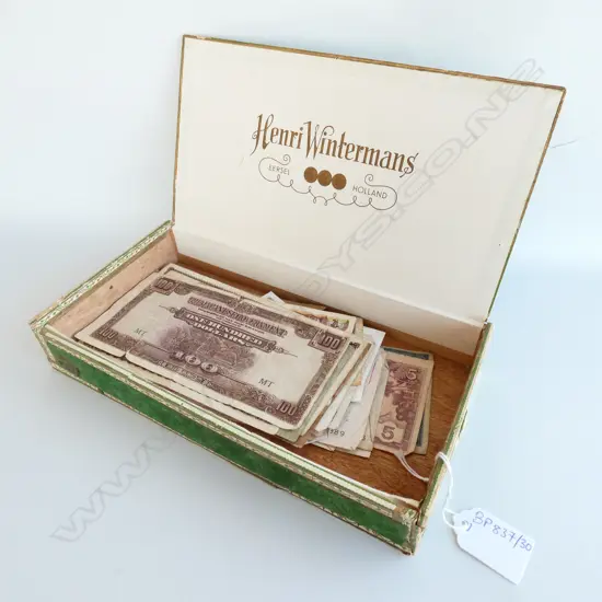 CIGAR BOX WITH ASST. WORLD BANK NOTES