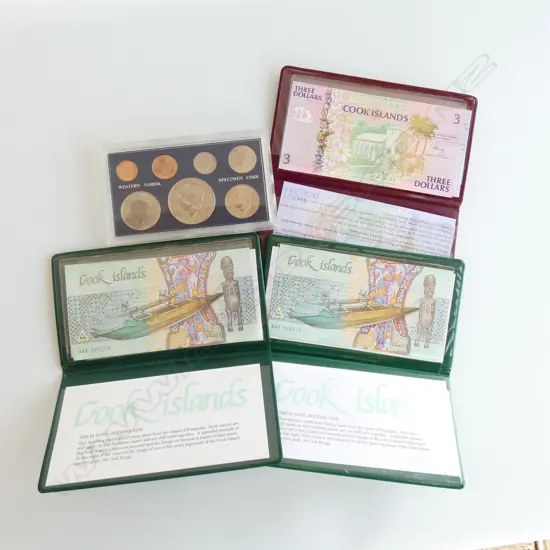 3 COOK ISLAND $3 NOTES + WESTERN SAMOA COIN PROOF