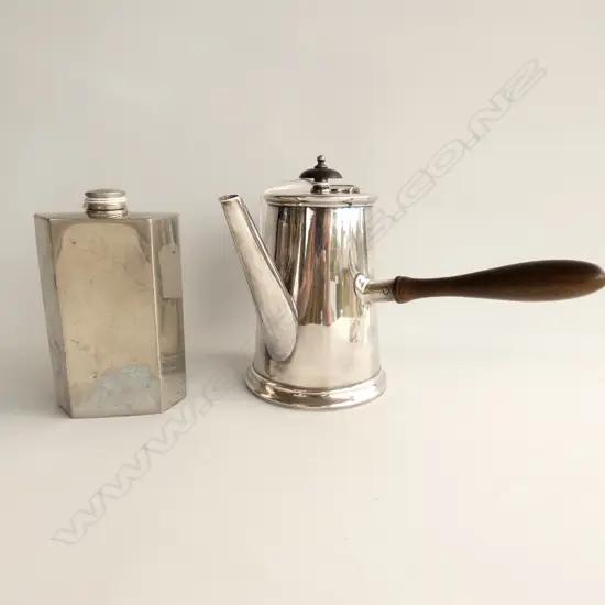 SILVER PLATE CHOCOLATE POT, H.140mm + HIP FLASK