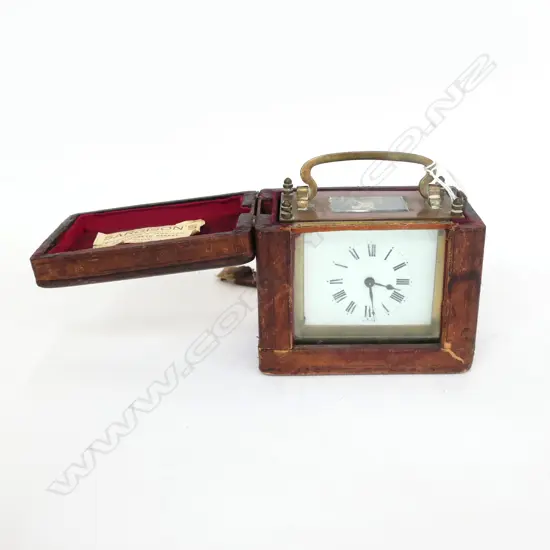 FRENCH BRASS CASED CARRIAGE CLOCK IN LEATHER & GLASS CASE, APPARENTLY WORKING, APPROX H.770mm