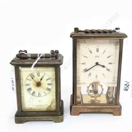 AMERICAN BRASS CASED CARRIAGE CLOCK, H.95mm + 1 OTHER