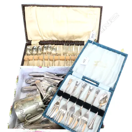 2 CASED BOXES OF SILVER PLATE CUTLERY+BOX OF ASST CUTLERY