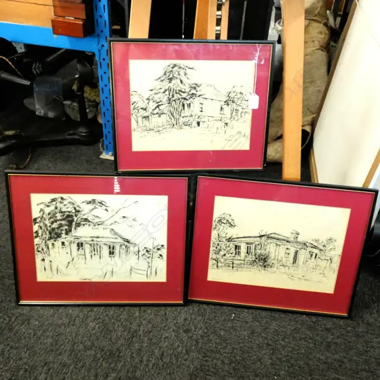 3 INK SKETCHES, OLD BUILDINGS BY C.B. LAWRIE