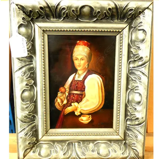 SIGNED RUSSIAN  PALEKH LACQUER MINATURE PAINTING LADY WITH APPLE