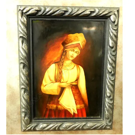 UNSIGNED RUSSIAN  PALEKH LACQUER MINATURE PAINTING LADY WITH HANDKERCHIEF