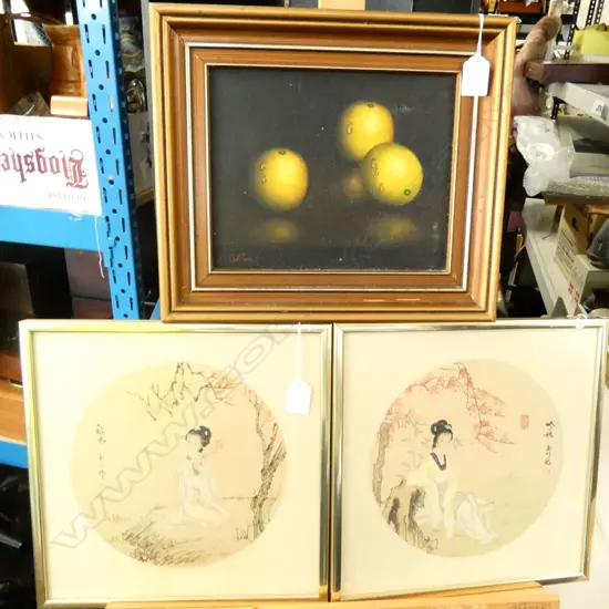 X. COTTON SIGNED STILL LIFE LEMONS OIL ON BOARD + 2 CHINESE SILK PAINTINGS 310MM SQ