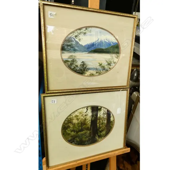 RONA SWIFT, 2 OVAL WATERCOLOURS, ‘HAAST RIVER’ AND BUSH SCENE