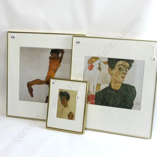 3 PRINTS BY EGON SHIELE, NUDE SELF PORTRAIT, SELF PORTRAIT WITH CHINESE LANTERNS, SELF PORTRAIT 1910
