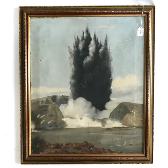 AN C1902 OIL OF WAIMANGU ERUPTING NEAR  ROTORUA SIGNED E LE GRICE 640MM