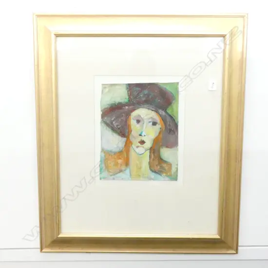 ATTRIBUTED JACQUI GIBBS-CHAMBERLAIN, SIGNED LOWER LEFT EDGE,  PORTRAIT OIL OF A LADY IN A HAT.  790MM