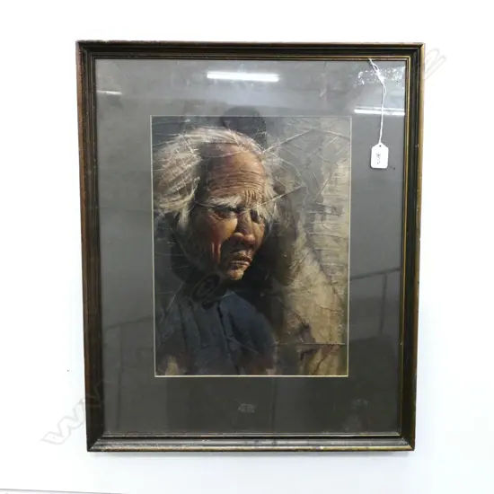 A GOOD VINTAGE OIL ON TOBACCO LEAF OF AN OLD MAN SIGNED GRIS H. 610MM FRAME