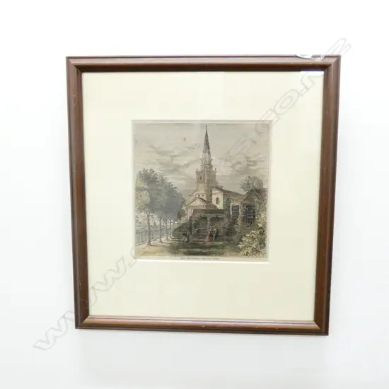 FRAMED LITHOGRAPH OLD BATTERSEA CHURCH 1790 H 400MM L 400MM