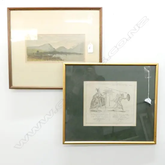 FRAMED ENGRAVING A N.Z WARRIOR+ COLOUR LITHO COOKS COVE BY J.C. RICHMOND 200 X 170 MM