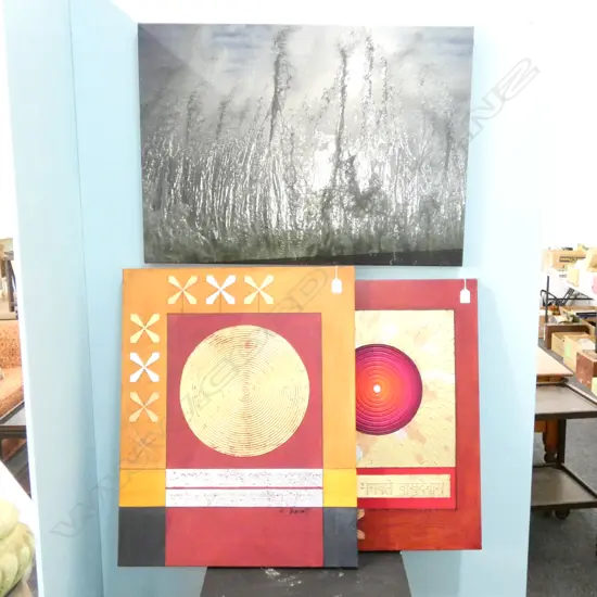 NICKY STEWART 2 LARGE ACRYLIC ARTWORKS + ANOTHER 840 X 605MM