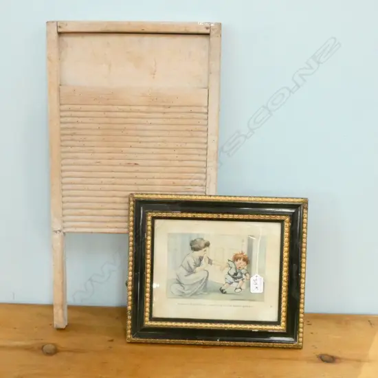 EDWARDIAN ADVERTISING PRINT & OLD PINE WASHBOARD