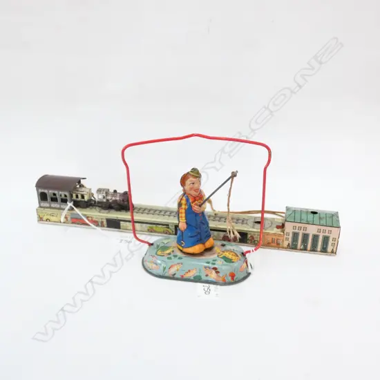 2 TIN PLATE TOYS - FISHING CLOWN & TRAIN ON TRACK