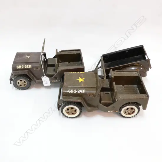 2 TONKA JEEPS MADE IN NZ "GR2 -2431" + TRAILER, PLAYWORN CONDITION