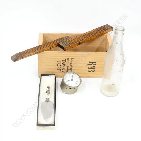 LONG OLD EXPANDING RULER + CLOCK + HUIA BOTTLE +...