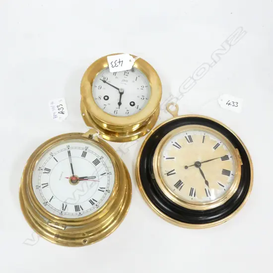 3 BRASS CLOCKS; SCHATZ SHIPS BELL, HUGER QUARTZ, OTHER