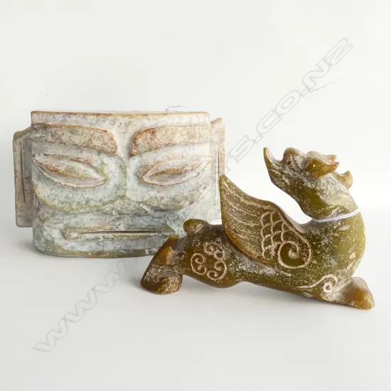 2 CHINESE GREEN STONE CARVED ARCHAIC PIECES