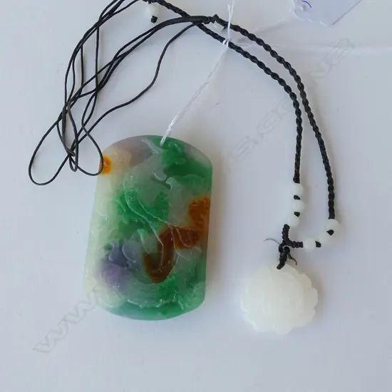SIMULATED JADITE PLAQUE AND WHITE LOTUS PENDANT