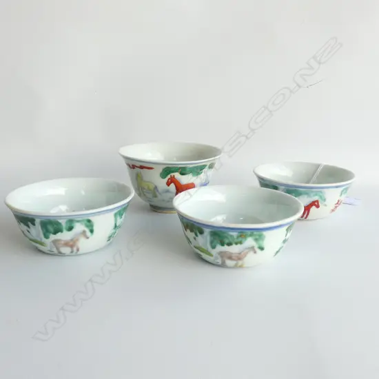 4 CHINESE DOUCAI TEA CUPS, HORSES