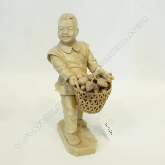 CHINESE WELL CARVED FIGURE, BOY HOLDING FRUIT, SIGNED ON BASE