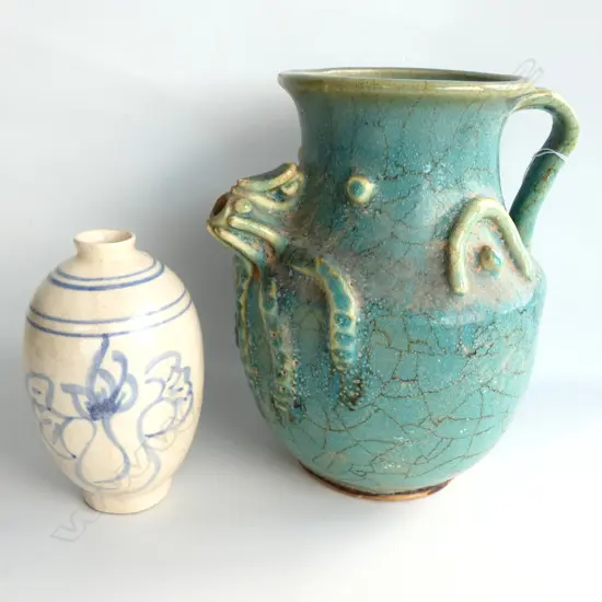 CHINESE PROVINCIAL BLUE GLAZED POTTERY JUG H.200mm + VASE