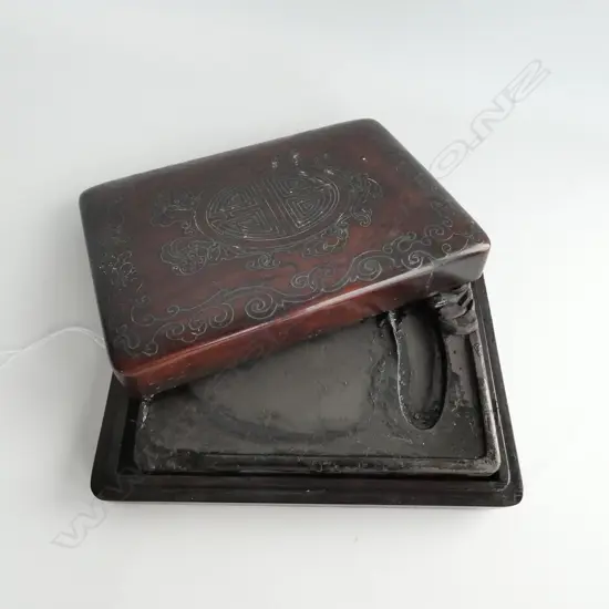 CHINESE SILVER WIRE INLAID ROSEWOOD CALLIGRAPHER'S INKSTONE BOX (SOME SMALL FAULTS)