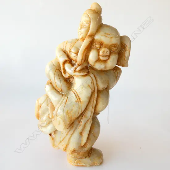CHINESE JADE PIG CARRYING WOMAN FIGURE H.195mm