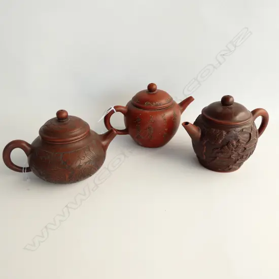 3 CHINESE YI XING TEAPOTS, POTTERY DECORATIVE